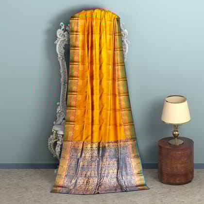 Yellow and Blue semi Silk Saree With Blouse Piece