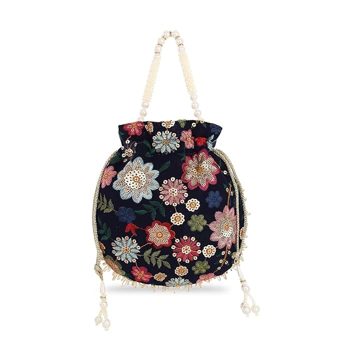 Exquisite Hand Embroidered Velvet Potli Bag with Pearl Handle and Tassels for Women (Blue)
