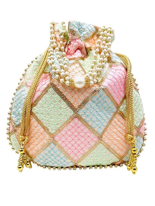  Potli Bag with Pearl and Sequin Embroidered Floral Design