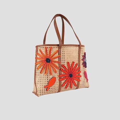 meesu Straw Tote Bag for Women, Woven Rattan Shoulder Bag, Orange and Magenta Floral Embellishments House Of Rabari