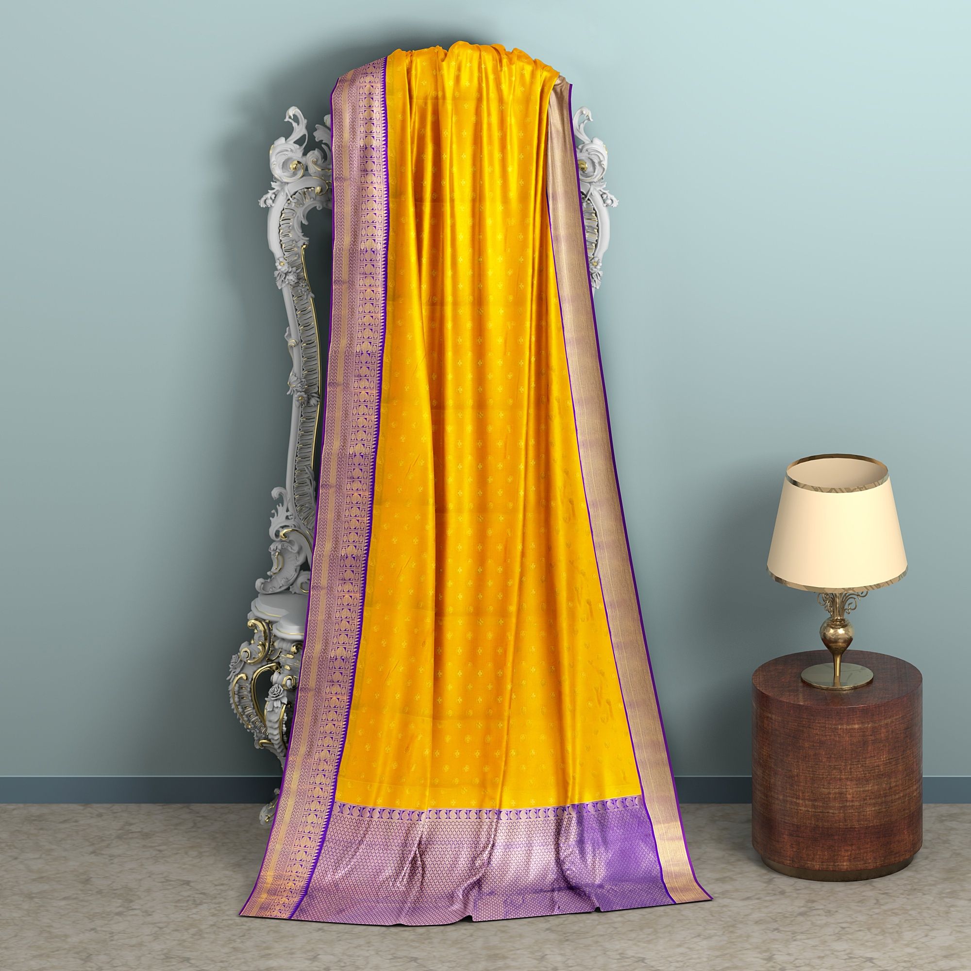 Yellow and blue semi Silk Saree With Zari Border and un stiched blose piece