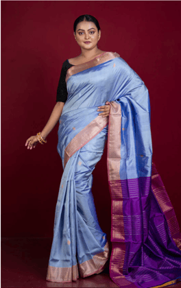 Light Blue Handloom Pure Silk Saree With Blouse Piece Online at Best Price in India