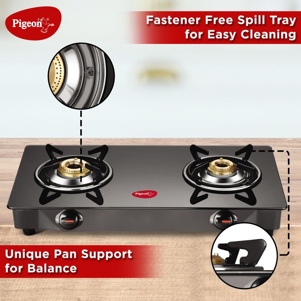 Pigeon Glass Top 2 Burner Manual Gas Stove (GT 2B, Black)