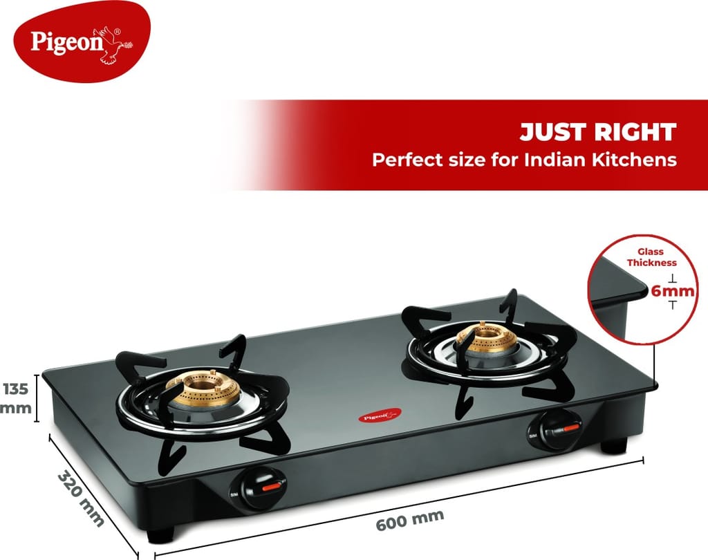 Pigeon Glass Top 2 Burner Manual Gas Stove (GT 2B, Black)