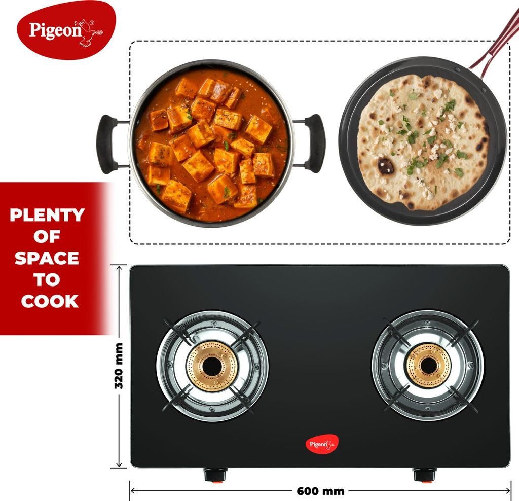 Pigeon Glass Top 2 Burner Manual Gas Stove (GT 2B, Black)