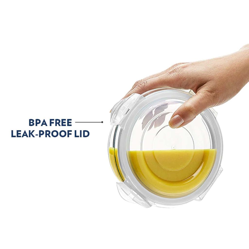 Borosil Airtight Glass Food Storage Container with Snap Lock Lid, Round, 650ml , Pack Of 1