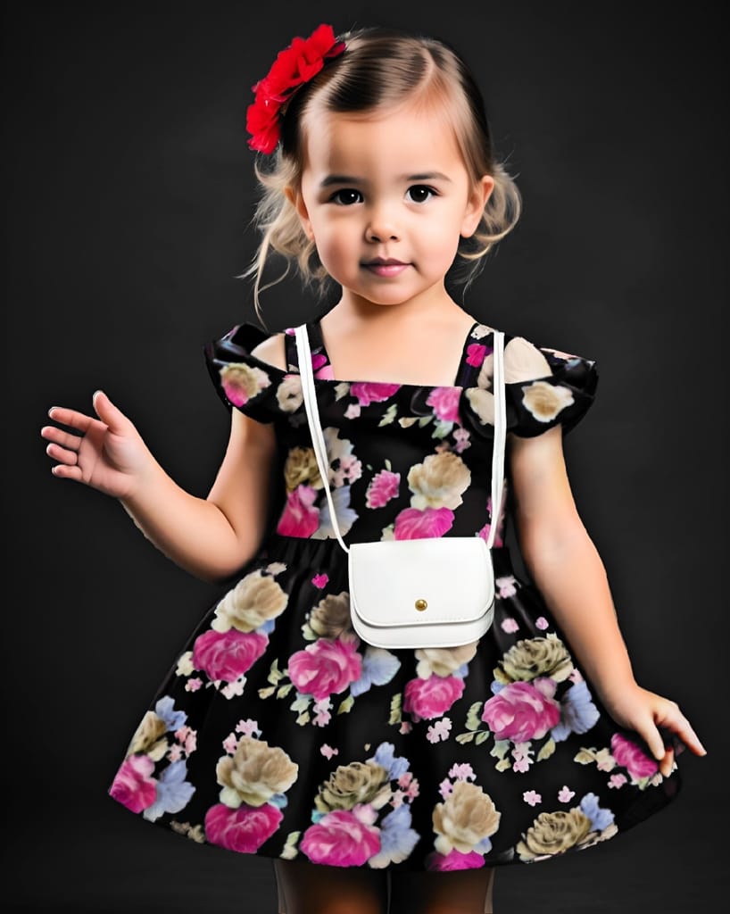 Little Girls' Floral Print Ruffle Sleeve Dress with Crossbody Bag