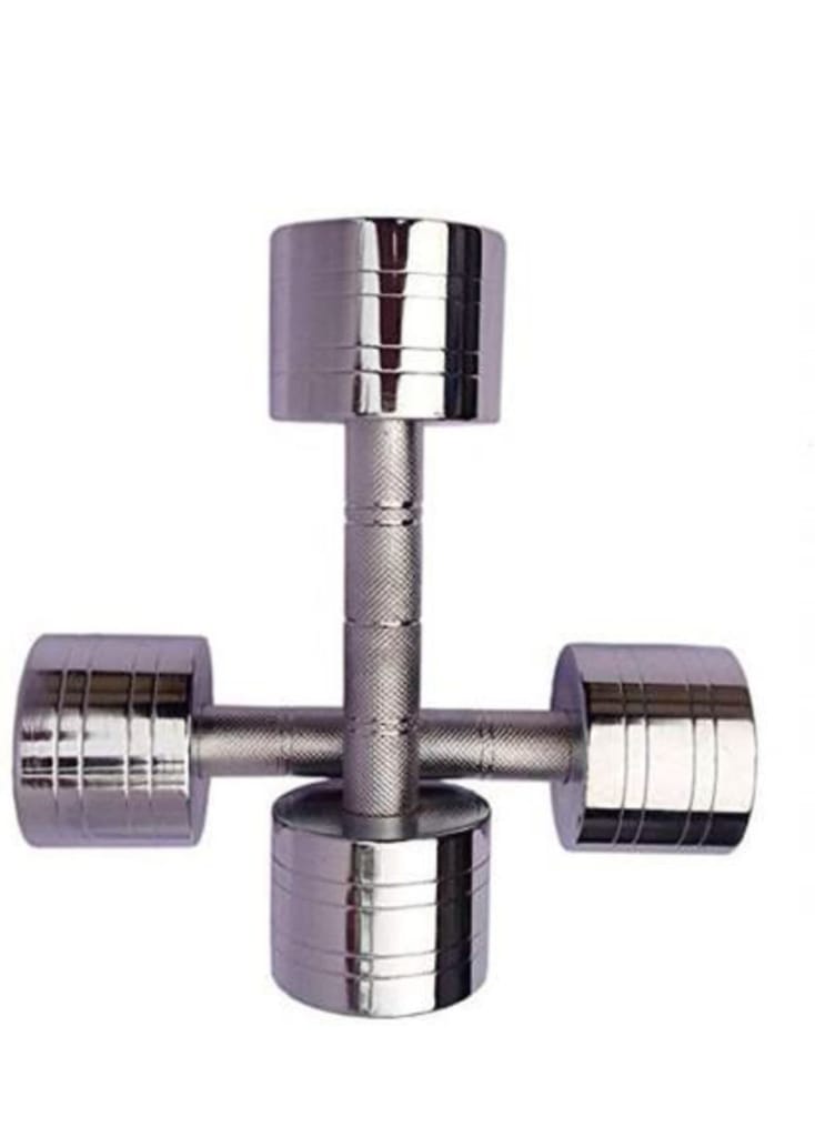  A pair of chrome dumbbells on a white background