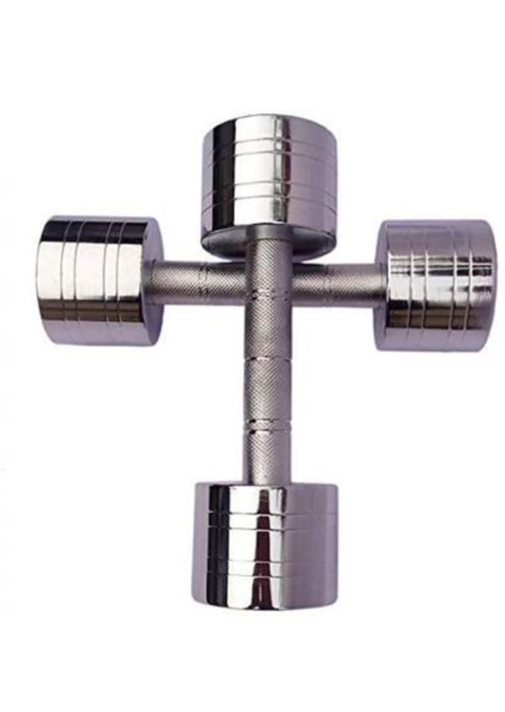  A pair of chrome dumbbells on a white background