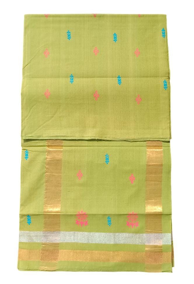  Green and Pink Floral Cotton Saree with Golden Zari Border