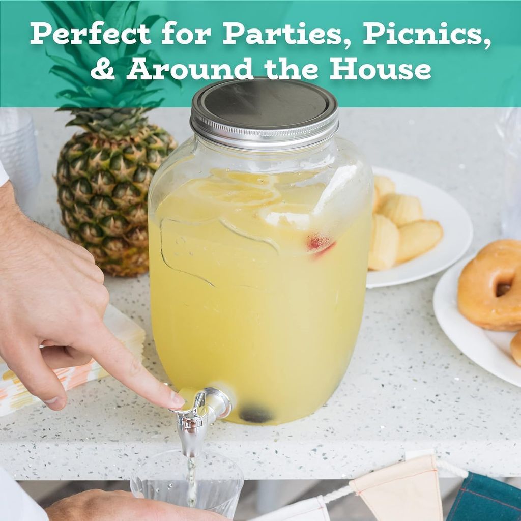 Glass Iced Drink Dispensers with Spout and Tap Steel Lid | Cold Beverage Dispenser for Beer, Water, Cocktails, and More | Capacity 3 litres