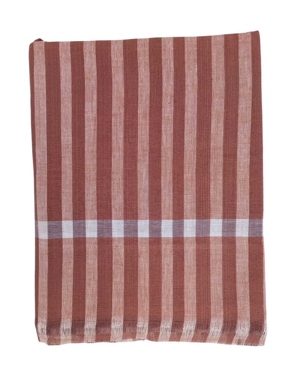  Brown Cotton Handloom Towel with White Stripes and Tassels