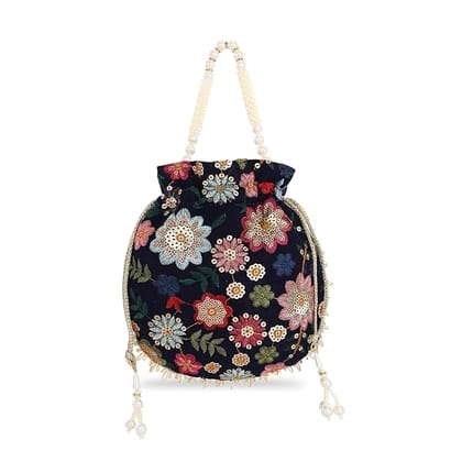 Exquisite Handcrafted Velvet Potli Bag with Pearl Handle and Vibrant Floral Embroidery for Women