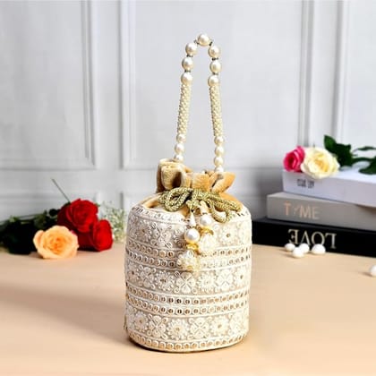  Pearl Beaded Cream Velvet Drawstring Bag with Embroidered Floral Design