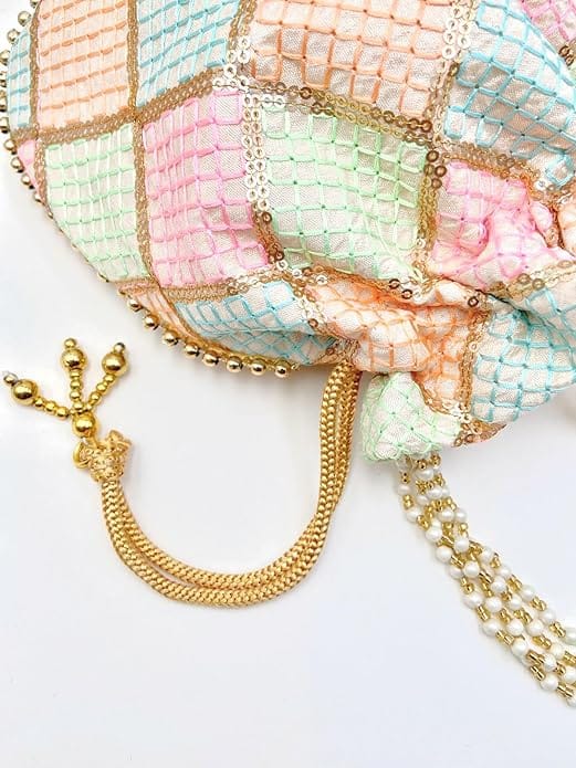 Potli Bag with Mirror Work and Pearl Tassel - Multicolor