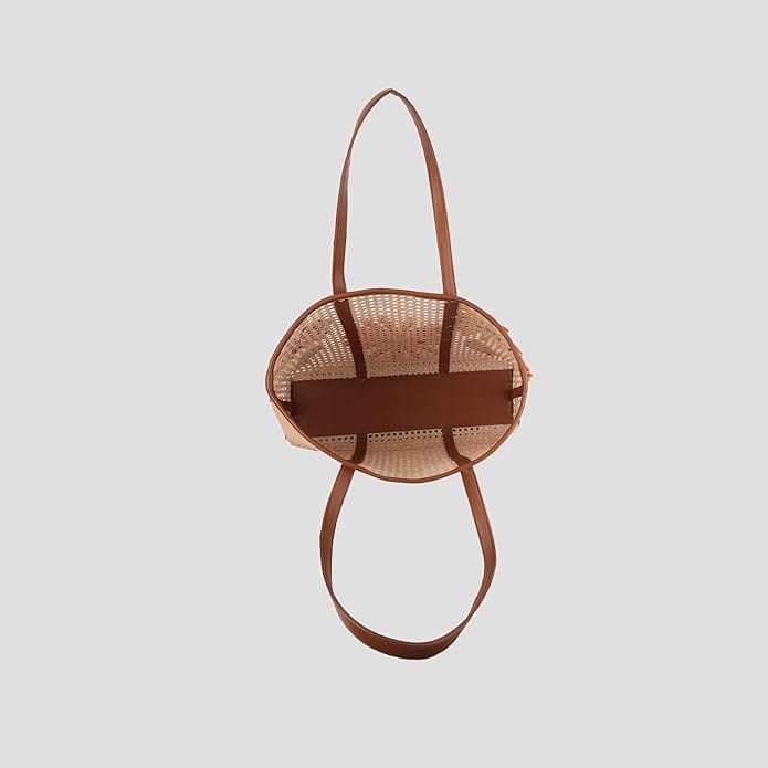 Woven Straw Tote Bag with Brown Faux Leather Handles