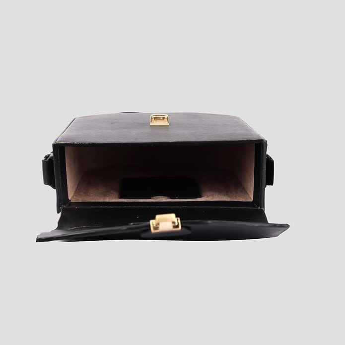  Black leather camera case with gold hardware