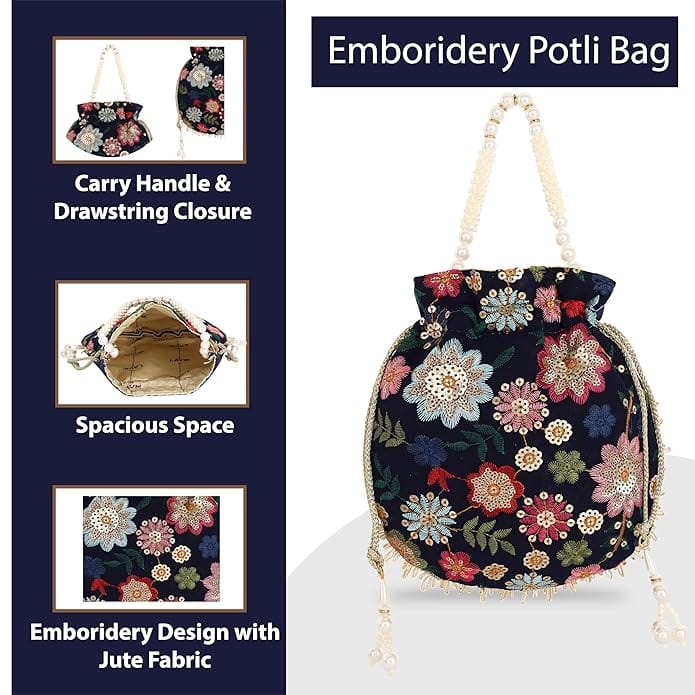  Embroidered Potli Bag with Drawstring Closure and Pearl Handle