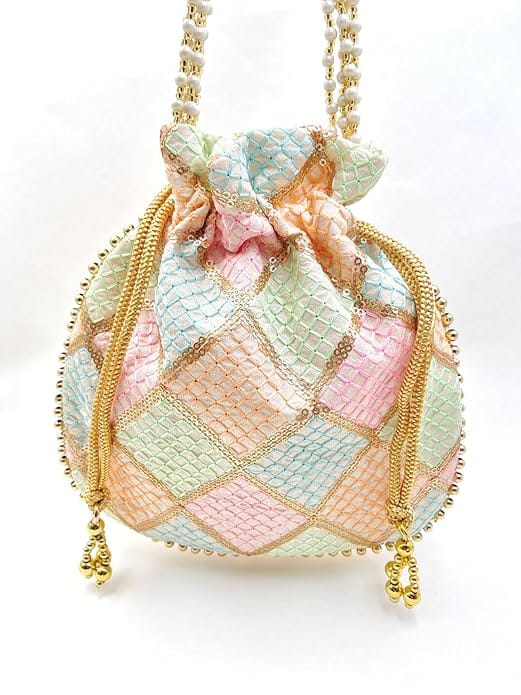  Potli bag with mirror work and pearl handle