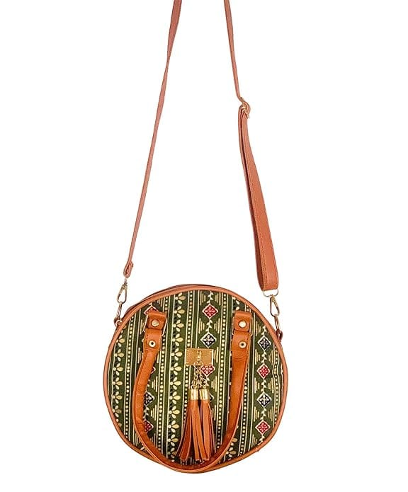 Handmade and Embroidered Green Cotton Round Sling Bag with Adjustable Strap and Tassel