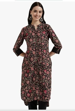  Women's Black Floral Print Straight Kurta with 3/4 Sleeves