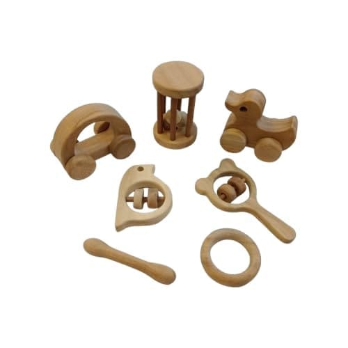 Neemtoys Neem Wooden Toddler Toys Rattles, Wheel Toys and Teethers, Teething Toy for Babies with Multiple Textured Surface (Brown)