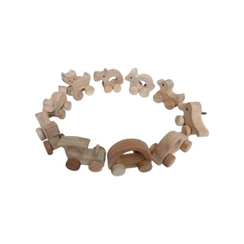 Neemtoys Pack of 10 Beautiful Push and Pull Toys for Toddlers Sustainable Neem Wooden Wheel Toys with Multiple Diffrent Shapes Vehicle Pull Along Toddlers Toy for Babies (Brown)