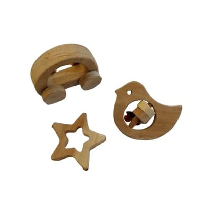 Neemtoys Neem Wooden Pack of 3 Teethers Rattle Wheel Toy Shapes for Babies, Teething Toy for Babies with Multiple Textured Surface (Brown)