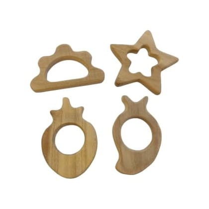 Neemtoys Neem Wooden Pack of 4 Teethers for Babies of Age 0 to 3 Years, Star, Cloud, Strawberry and Mango Shapes Teether, Teething Toy for Babies with Multiple Textured Surface (Brown)