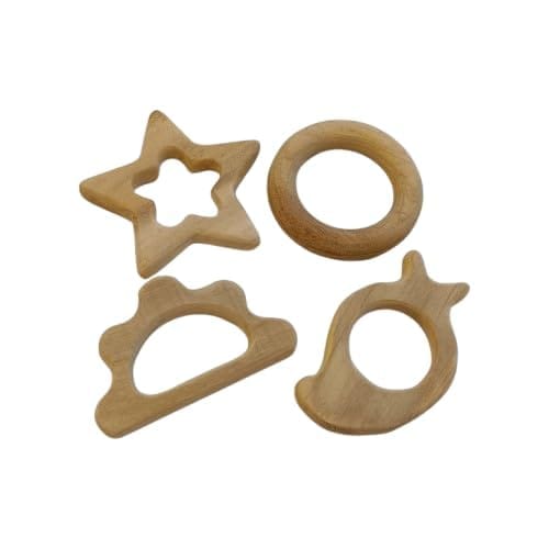 Neemtoys Pure Neem Wooden Teethers for Babies Gum Strengthening Neem Wooden Baby Teethers - Star, Cloud, Ring and Mango Shapes Teether, Teething Toy for Babies with Multiple Textured Surface (Brown)