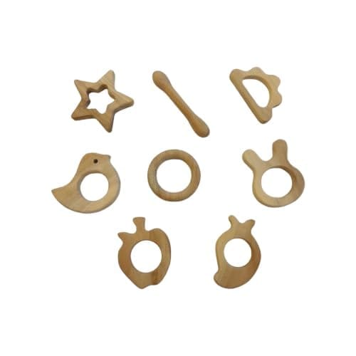 Neemtoys Teethers for Babies Pack of 8 Pure Neem Wooden Teethers Smooth Finishing with Round Edges Natural Shapes Teether, Teething Toy for Kids (Brown)