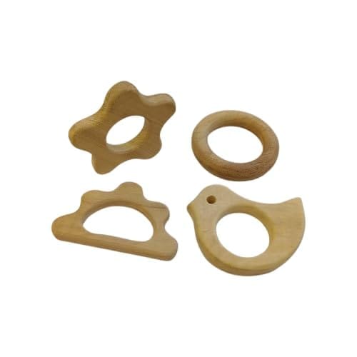 Neemtoys Pack of 4 Neem Wooden Teethers for Babies of Age 0 to 3 Years, Ring, Flower, Dove and Cloud Shapes Teether, Teething Toy for Babies with Multiple Textured Surface (Brown)