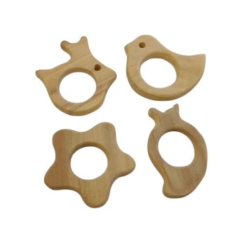 Neemtoys Pack of 4 Neem Wooden Teethers Rabbit, Flower, Dove and Mango Shapes Teether, Teething Toy for Babies with Multiple Textured Surface (Brown)