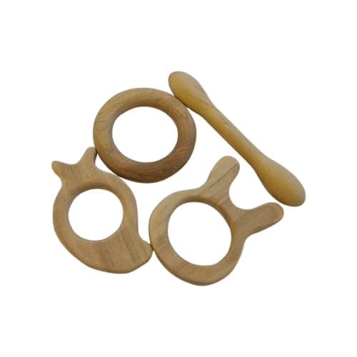 Neemtoys Premium Neem Wooden Delicious Teethers Dumbbell, Ring, Bunny and Mango Shapes Teether, Teething Toy for Babies with Multiple Textured Surface (Brown)