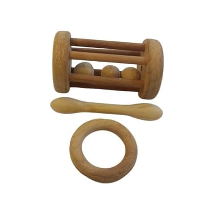 Neemtoys Neem Wooden Combo of Tumbler Rattle and Teethers of Shapes Dumbbell and Ring Shapes Teether, Teething Toy for Babies with Multiple Textured Surface (Brown)