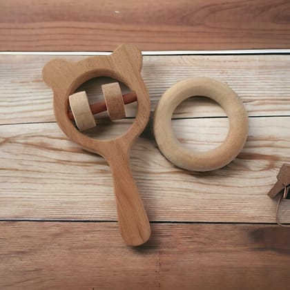 Neemtoys Neem Wooden Combo of Rattle and Teether Mickey Head and Ring Shapes with Multiple Textured Surface Shapes Sound Making Toys for Toddlers Toy for Babies (Brown)