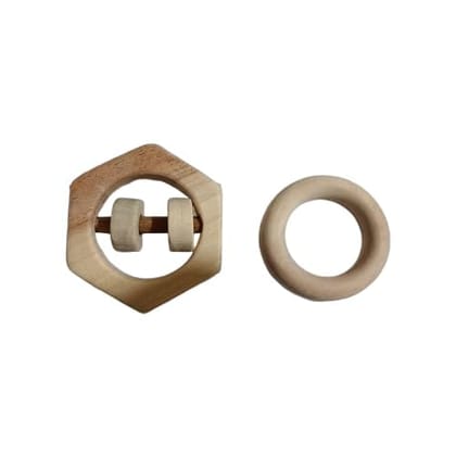 Neemtoys Pure Neem Wooden Baby Chilling Neem Wooden Rattle & Teether Set of 2 Toys Hexagon and Ring Shape Rattle and Teether for Toddlers