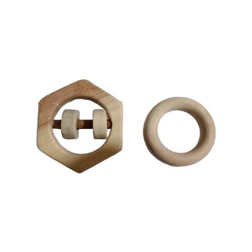 Neemtoys Pure Neem Wooden Baby Chilling Neem Wooden Rattle & Teether Set of 2 Toys Hexagon and Ring Shape Rattle and Teether for Toddlers