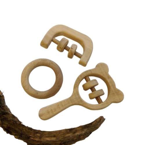 Neemtoys Neem Wooden Most Loved Neem Rattles and Teether Mickey Head, C Shape and Ring Shape Teether, Teething Toy for Babies with Multiple Textured Surface (Brown)