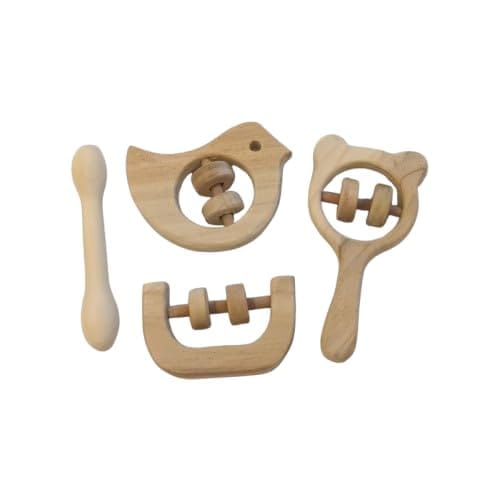 Neemtoys Neem Wood Beautiful Dove, Mickey Head, C Shaped Rattles & Dumbbell Shaped Teether, Teething Toy for Babies with Multiple Textured Surface (Brown)