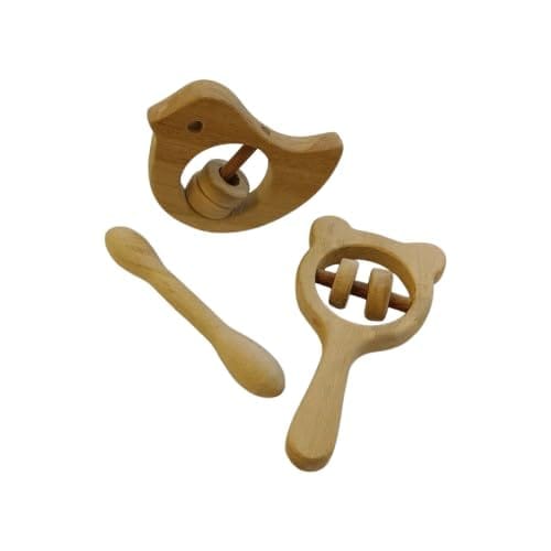 Neemtoys Neem Wooden Combo of Rattles & Teether, Dove, Mickey Head and Dumbbell Shapes Teether, Teething Toy for Babies with Multiple Textured Surface (Brown)