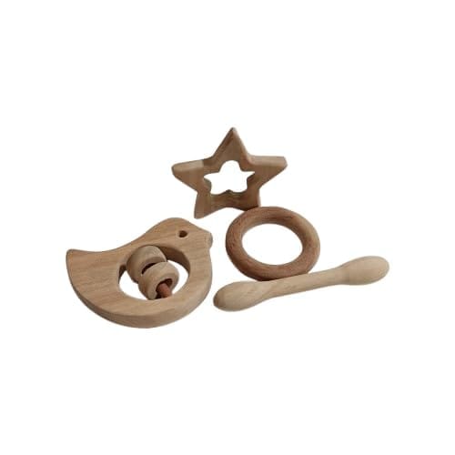 Neemtoys Neem Wooden Pain Relieving Baby Rattle and Teethers, Dove, Dumbbell, Ring and Star Shapes Teether, Teething Toy for Babies with Multiple Textured Surface (Brown)