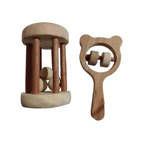 Neemtoys Neem Wooden Neem Wooden Tumbler and Mickey Head Rattles Shaped, Teething Toy for Babies with Multiple Textured Surface (Brown)