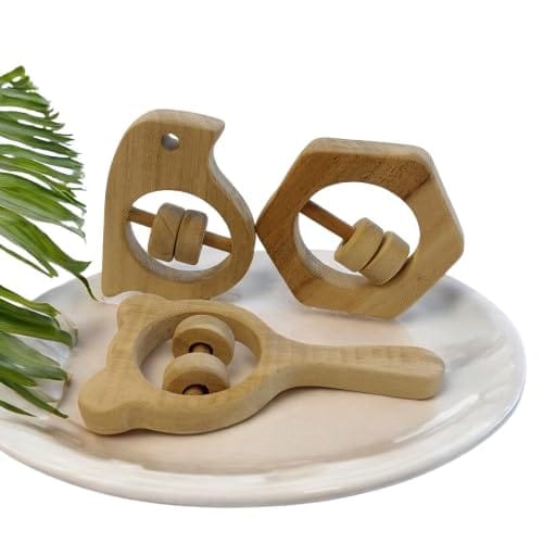 Neemtoys Neem Wooden Sensory Developing Rattles, Sparrow, Mickey Head & Hexagon Shaped, Sourced Shapes Teether, Teething Toy for Babies with Multiple Textured Surface (Brown)