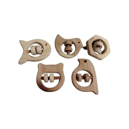 Neemtoys Neem Wooden Pack of 5 Satisfying Sound Making Rattles Toy with Multiple Textured Surface Sparrow, Dove, Fish, Hippo and Hexagon Shapes Toddlers Toy for Babies (Brown)