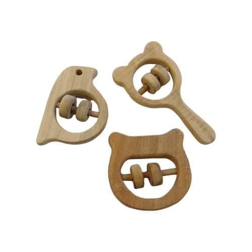Neemtoys Neem Wooden Soothing Sound Making Rattles with Multiple Textured Surface Shapes Sparrow, Hippo Head and Micky Head Sound Making Toys for Toddlers Toy for Babies (Brown)