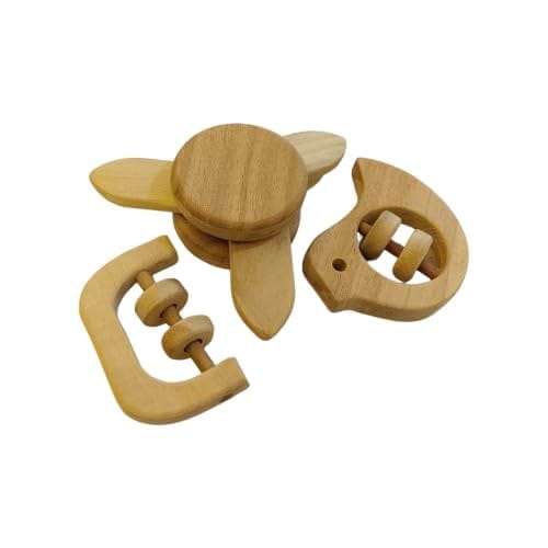 Neemtoys Pure Neem Wooden 0 to 3 Year Babies Flower Tumbler, Dove & C Shape Baby Rattles for Sensory Development