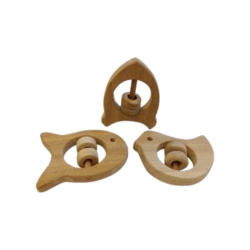 Neemtoys Neem Wooden Beautiful Rattle Toys with Multiple Textured Surface Dove, Fish and Rocket Shapes Sound Making Toys for Toddlers Toy for Babies (Brown)