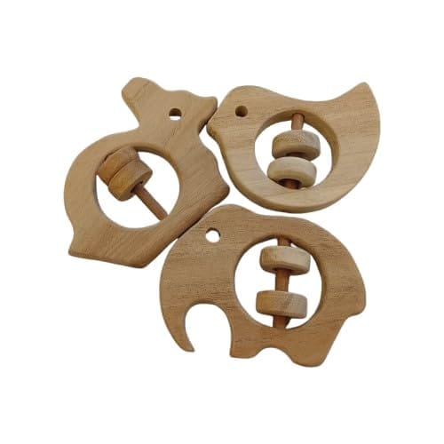 Neemtoys Neem Wooden Anti Bacterial Rattles for Babies of Age 0 to 3 Years, with Multiple Textured Surface Shapes Dove, Rabbit & Elephant Sound Making Toys for Toddlers Toy for Babies (Brown)