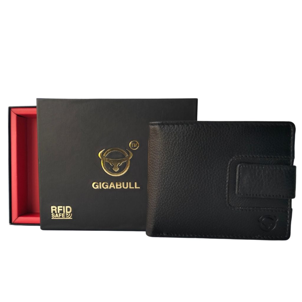 GIGABULL Mens Black Genuine Leather RFID Safe Wallet